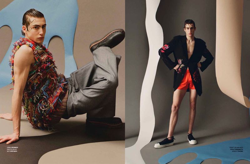 Two male fashion models pose in a split-screen studio image; one is lying down, the other is standing in black jacket and orange shorts.