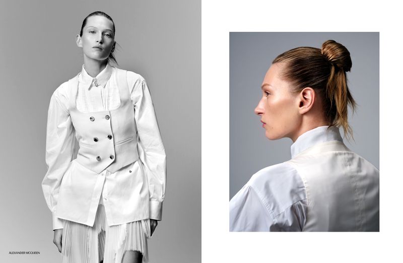 Fashion editorial shot: woman in a white shirt and vest, standing against a grey backdrop, complemented by a close-up profile.