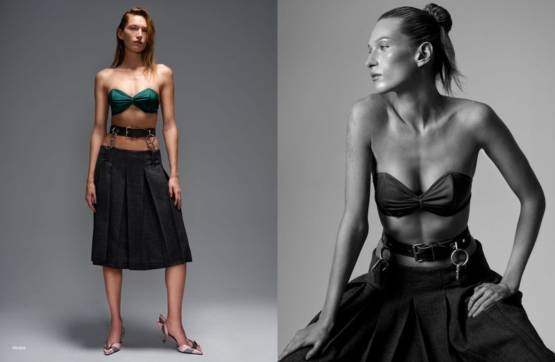 Full-length and medium shot of a fashion model in a green top and skirt, with a monochrome portrait. Fashion editorial photography.