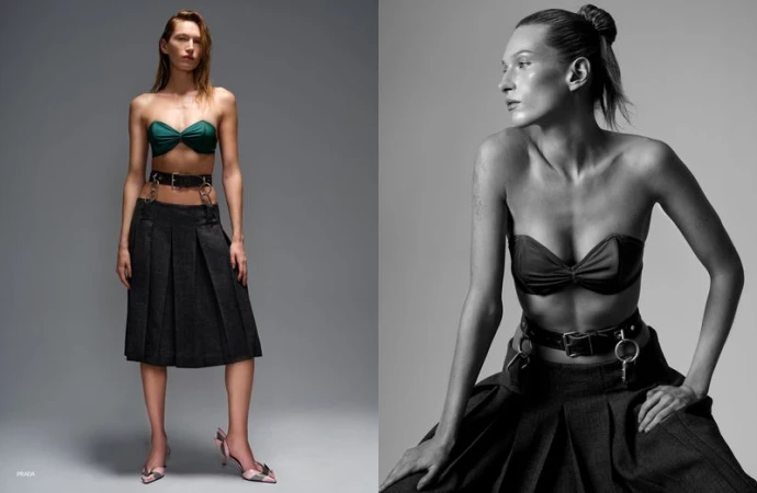 Full-length and medium shot of a fashion model in a green top and skirt, with a monochrome portrait. Fashion editorial photography.