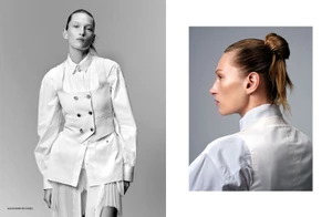 Model Liz Kennedy wearing white layered clothing against a grey background in a fashion editorial layout with two separate image panels.