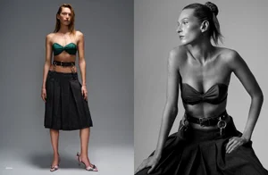 Model Liz Kennedy wearing a green strapless top and pleated skirt for At Large Magazine photographed by Boaz Kroon