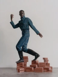 Model in denim jacket and jeans stepping across a pile of red bricks on a grey studio floor