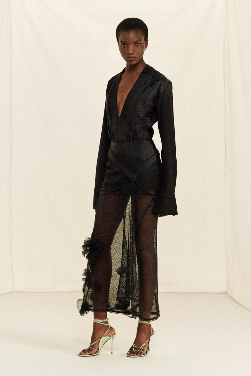 Elegant Black Fashion: A slender African-American woman showcases a long-sleeved dress with a sheer ruffle skirt, complemented by high heels.