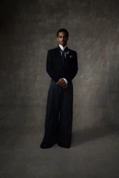 Keith Powers in a black BOSS suit and wide trousers standing against a textured grey studio backdrop.