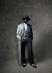 Man wearing a grey suit, waistcoat adorned with numerous buttons, fedora, and a draped trench coat against a textured studio background.