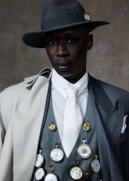 Portrait of Khaby Lame wearing a grey pinstripe vest adorned with multiple pocket watches and a fedora for BOSS