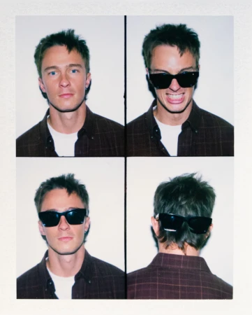 Four Polaroid-style portraits of a young adult male with varying expressions, wearing a brown plaid shirt and sunglasses against a white backdrop.