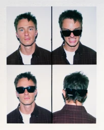 Four-panel polaroid portrait of actor Drew Starkey wearing sunglasses and a dark button-down shirt against a plain white background.