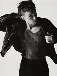 Drew Starkey wearing a black leather jacket and ribbed tank top against a white background for Esquire Australia.