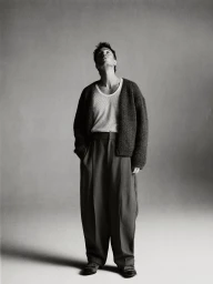 Drew Starkey standing in a knitted cardigan and trousers against a neutral background for Esquire Australia.