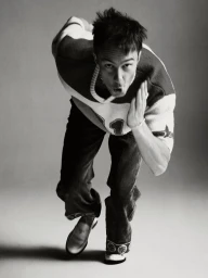 Actor Drew Starkey wearing a patterned sweater and dark trousers posing in a running stance against a grey seamless background