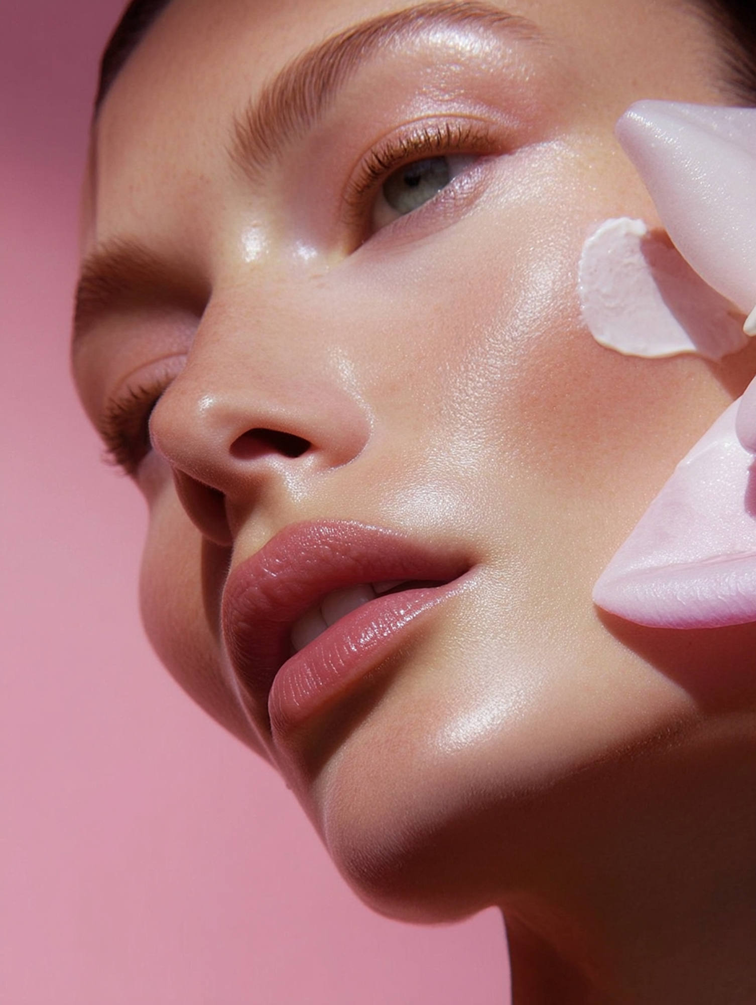 Close-up portrait of a fair-skinned young woman with glossy lips, surrounded by pale pink flower petals, set against a soft pink backdrop.