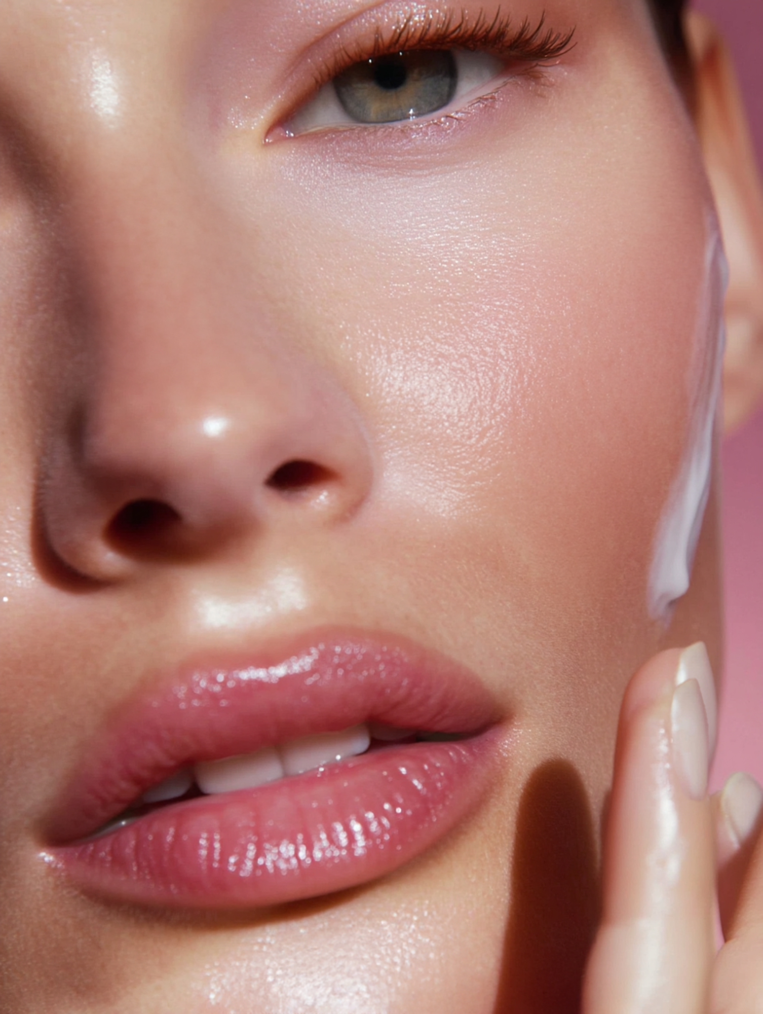 Close-up of a young woman's face with cream on her cheek, showcasing clear skin, glossy lips, and subtle makeup against a pink backdrop.
