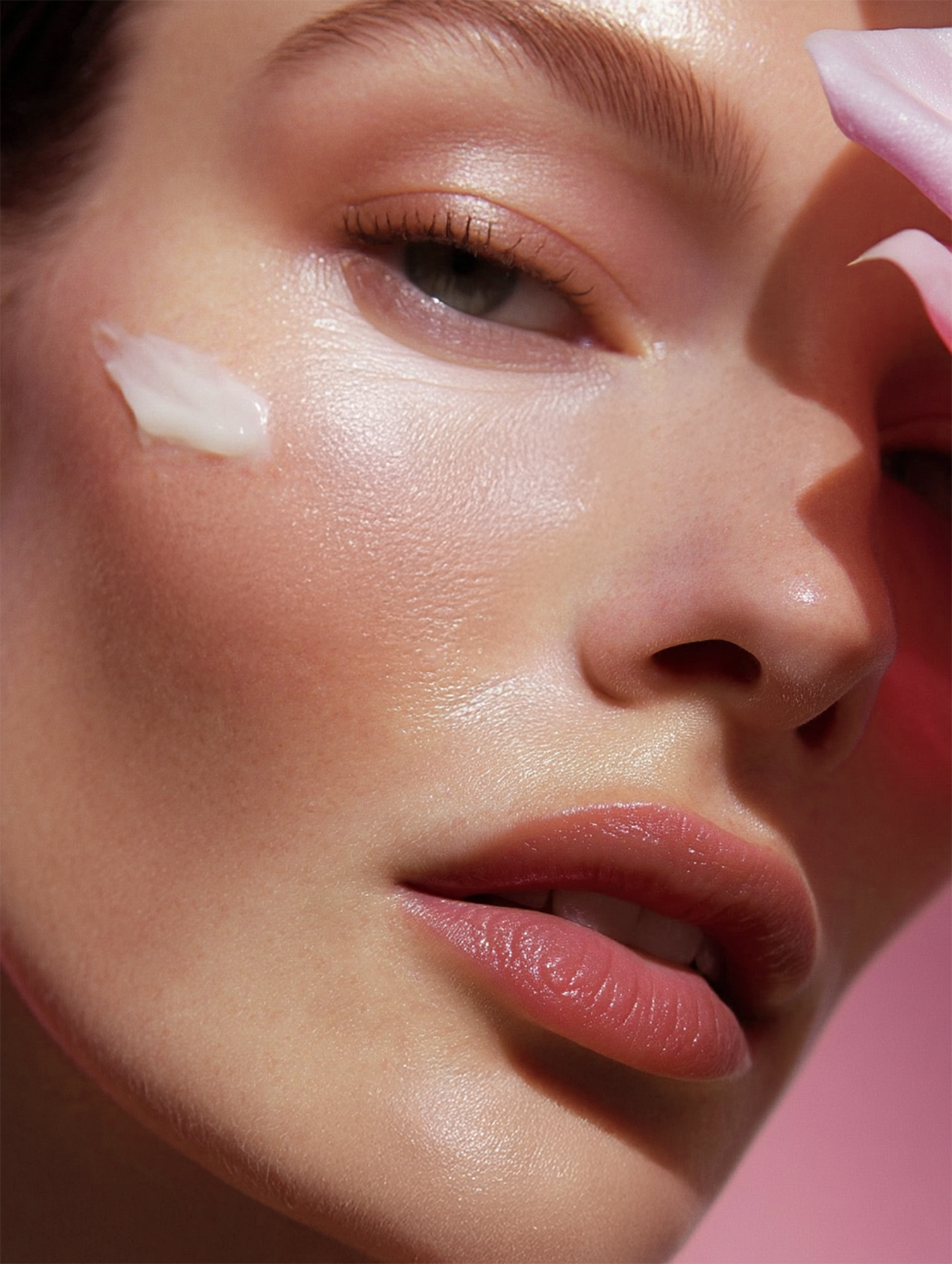 Close-up portrait of an adult female model with clear skin, light pink lipstick, and cream applied to her cheek, set against a pink backdrop.