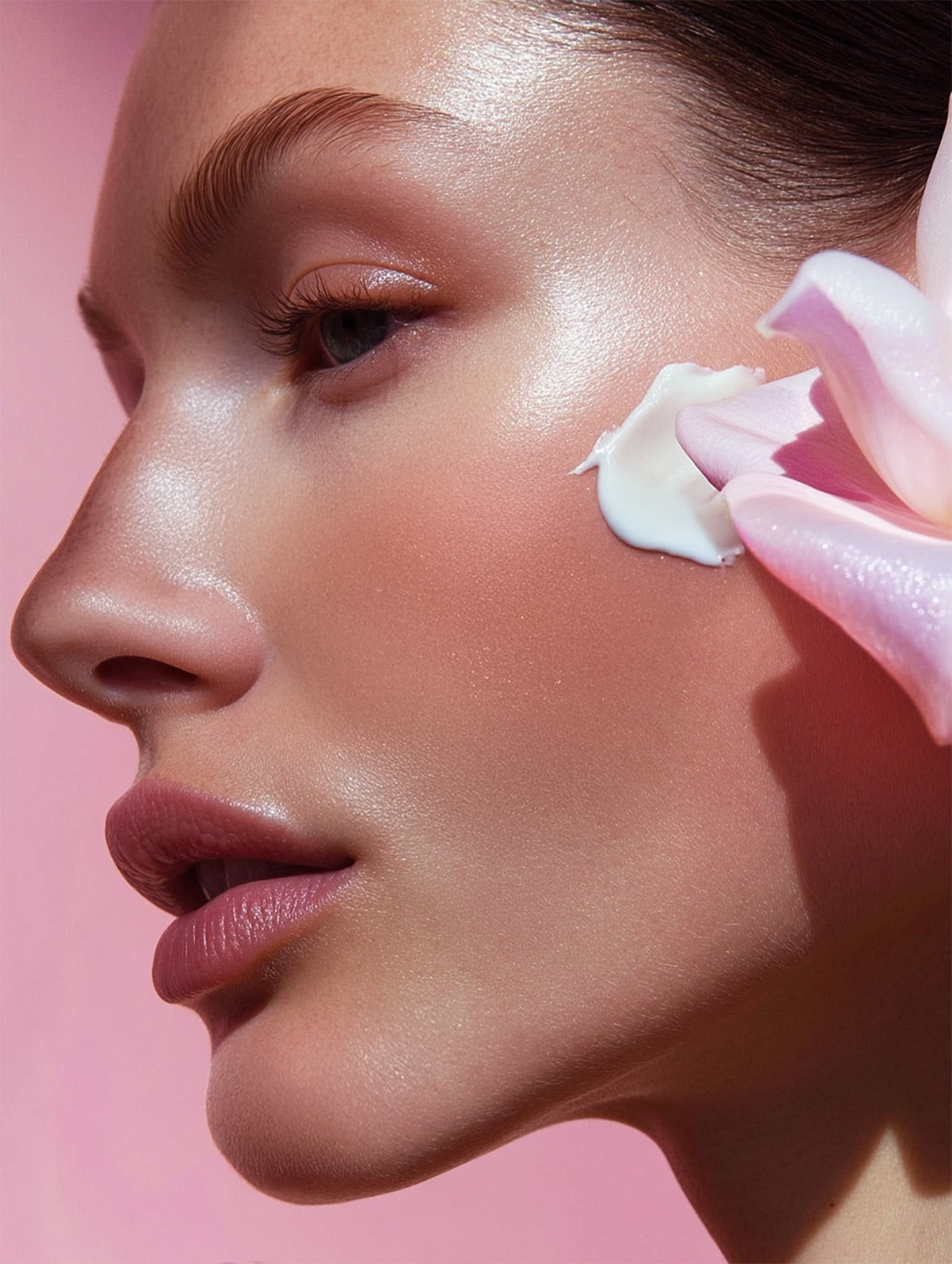 Close-up profile of an adult woman with fair skin and a pink rose petal on her cheek against a light pink background.