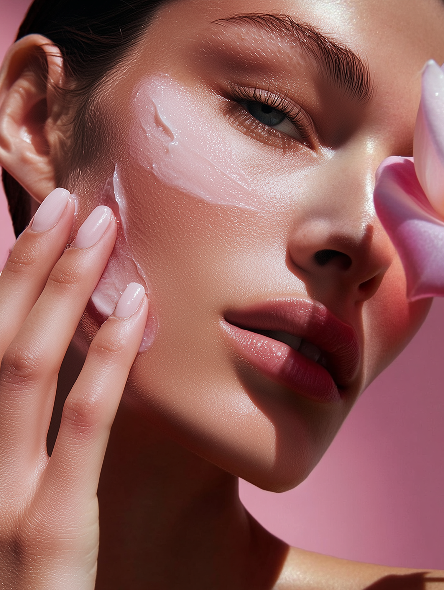 Close-up beauty shot of a woman with fair skin applying cream to her face, complemented by a pink flower and soft lighting.