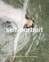 Model floating in shallow rippling water wearing a white dress with brand typography overlaid