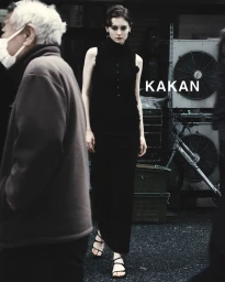 Model in black sleeveless top and long skirt walking on an urban street with blurred figures in foreground and background.