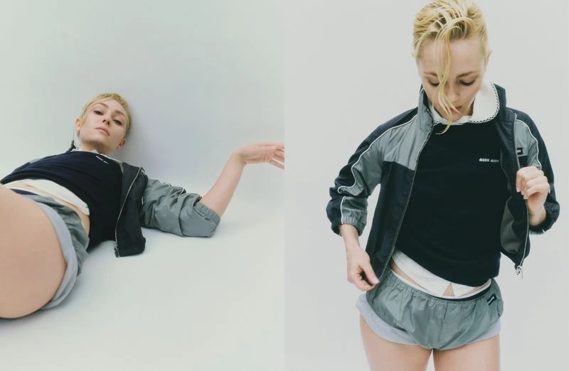 Two-panel fashion shot of a blonde adult female model wearing a color-blocked windbreaker and shorts against a neutral backdrop in a photo studio.
