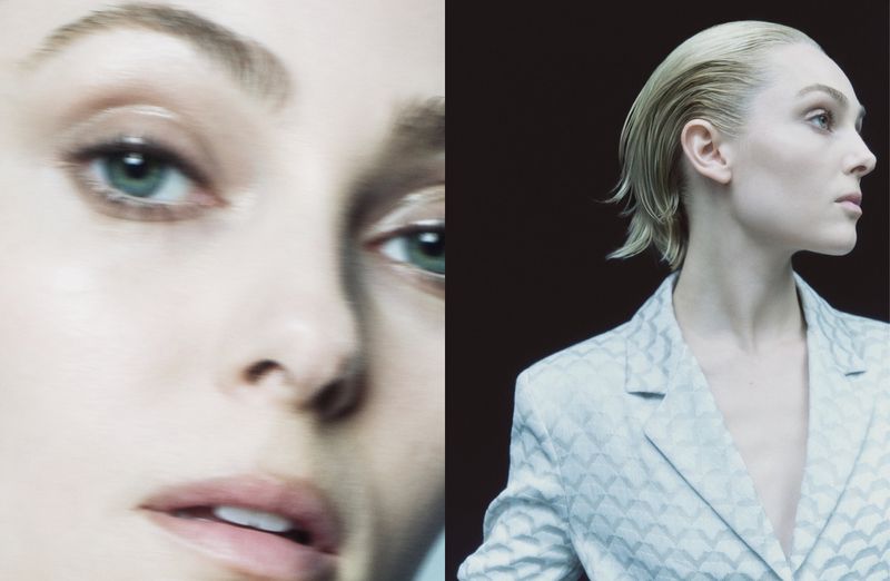 Close-up diptych of a light-skinned woman in a geometric patterned blazer. Her hair is slicked back and she gazes to the right.