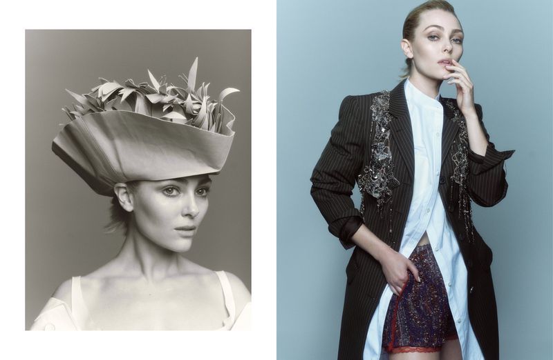 Two juxtaposed portraits show a fair-skinned woman in avant-garde fashion, one in black and white with a sculptural headpiece.