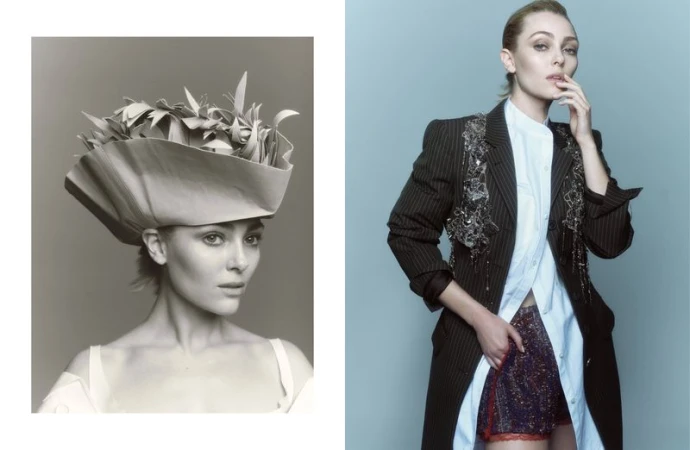 Two juxtaposed portraits show a fair-skinned woman in avant-garde fashion, one in black and white with a sculptural headpiece.