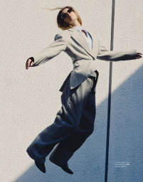 Model in grey blazer and wide-leg jeans jumping mid-air against a textured white wall for Elle Indonesia.