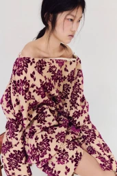Model Yuzhu Huang in floral velvet off-shoulder top for Tide Magazine Issue 6 photographed by Joan Braun