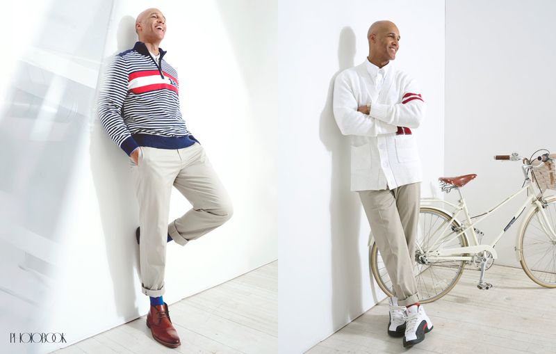 Dual portrait of bald adult male model wearing stylish casual clothing leaning against a white wall, showcasing fashion and lifestyle.