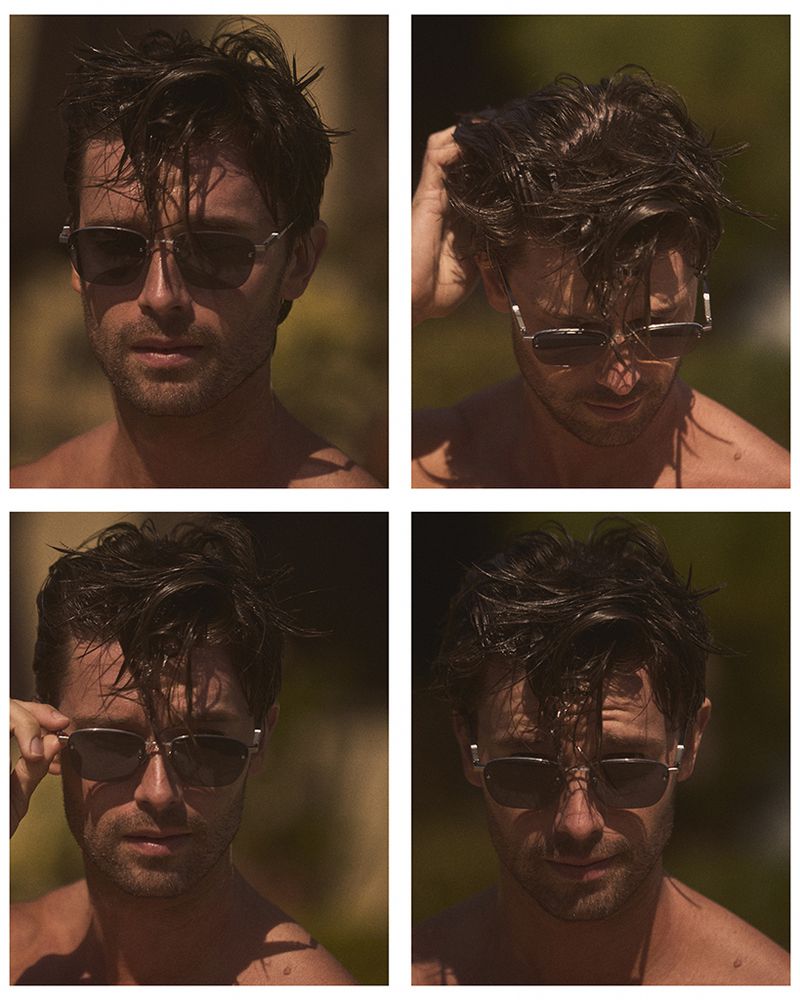 Man in sunglasses poses in a four-panel outdoor portrait. The images feature a close-up of the man with wet hair in natural light.