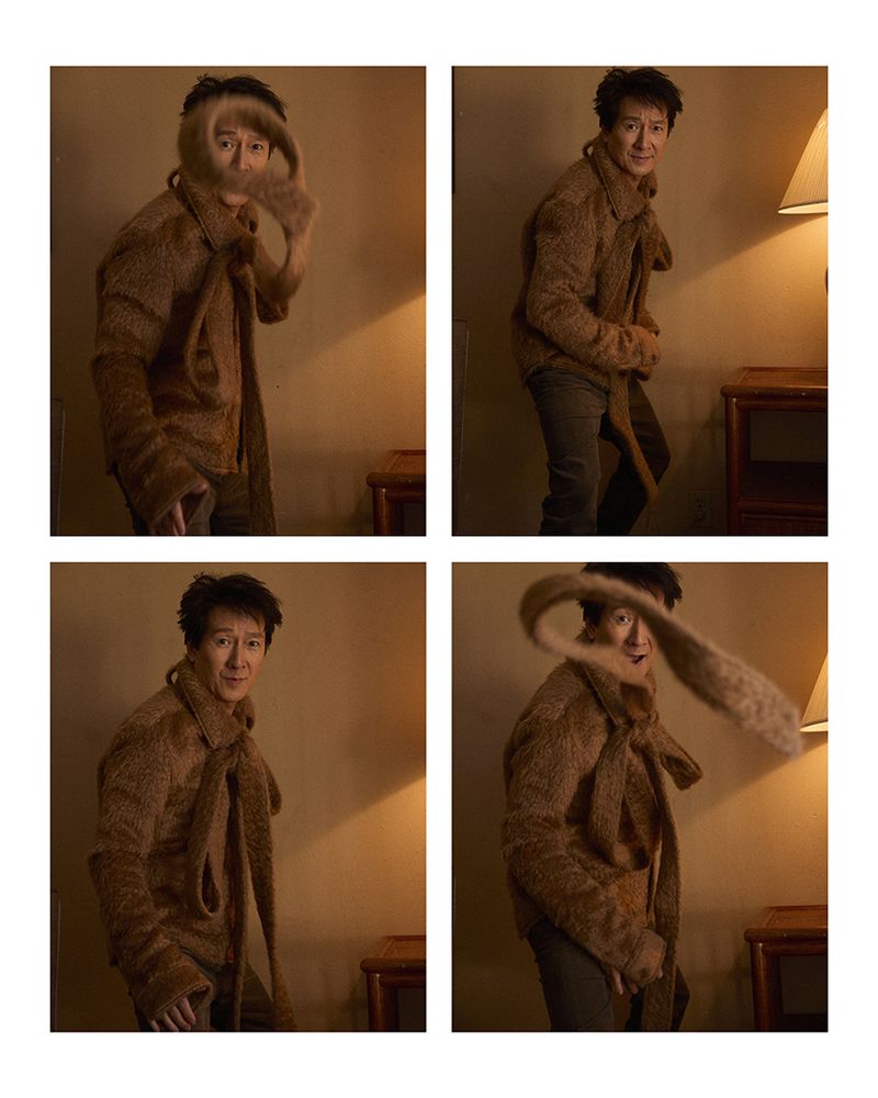 Collage of a man wearing a furry brown coat and scarf, posing indoors with a neutral background and lamp, showcasing a fashion style.