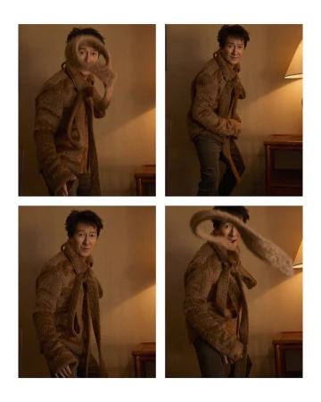 Collage of a man wearing a furry brown coat and scarf, posing indoors with a neutral background and lamp, showcasing a fashion style.