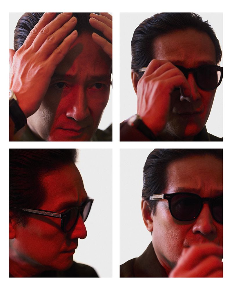 Four-panel portrait of an adult male with sunglasses in red light against a white background. He is adjusting his glasses.