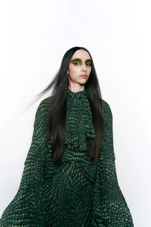 Woman with long dark hair and green eye makeup poses in a full-length dress with a green and black alligator scale pattern against white.