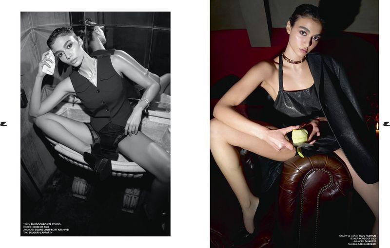 Black and white fashion editorial featuring a young female model in a bathroom and color shot of the same model on a leather sofa.
