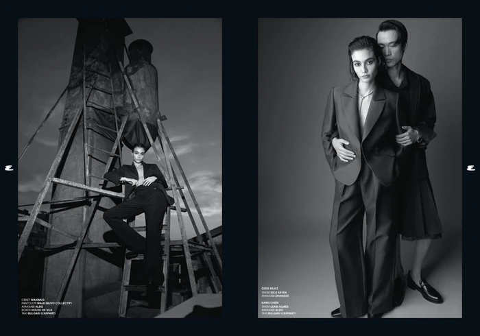 Black and white editorial fashion layout featuring a model in a tailored suit posing outdoors on scaffolding and indoors in a studio