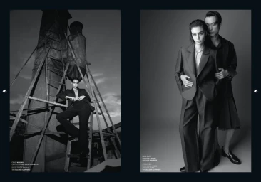 Black and white editorial fashion layout featuring a model in a tailored suit posing outdoors on scaffolding and indoors in a studio