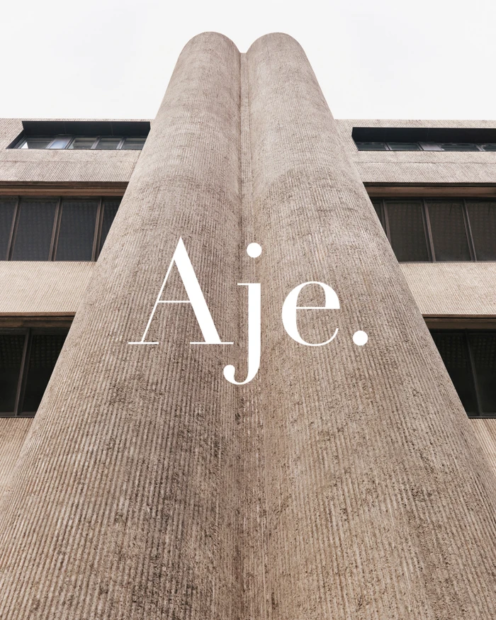 Low angle view of massive brutalist concrete columns and building facade with large white typography overlay.