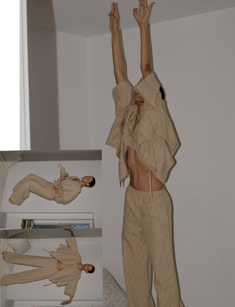 Woman in beige loungewear poses with arms raised. Two other poses of same woman in loungewear are arranged vertically in background.