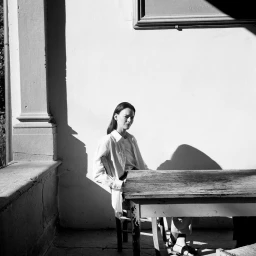 Model seated outdoors at a wooden table in front of a white wall for Casasola Summer 2025 campaign.