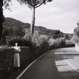 Model standing by a stone wall next to a winding asphalt road with wooded hills and a tall pine tree in the background