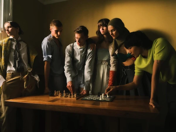 A group of six young adults stands around a wooden table playing a game of chess in a dimly lit room with yellow walls.