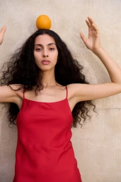 Woman in a red slip dress balancing an orange on her head against a textured beige wall