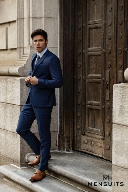 A well-dressed adult male poses in a navy blue suit with brown leather shoes against a detailed stone building and door.