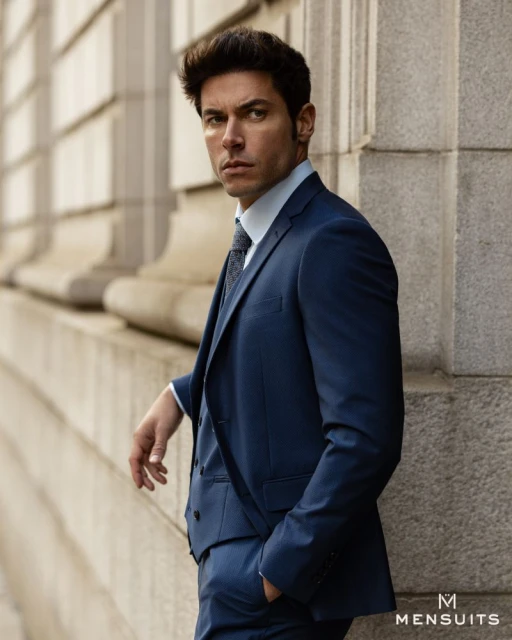 Handsome man in a navy blue suit with vest, leans against a stone column outdoors, looking at the camera in soft window light.