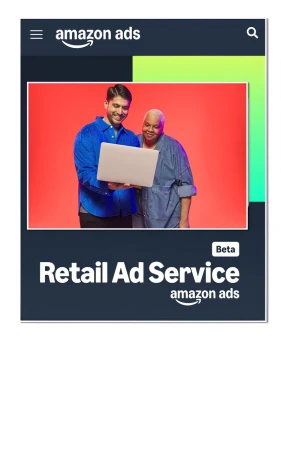 Amazon Ads ad shows two adults smiling and looking at a laptop against a solid red backdrop, advertising retail ad services.