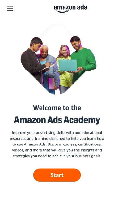 Amazon Ads Academy advertisement: Four diverse professionals collaborate using a laptop and notepad in a brightly lit, modern setting.