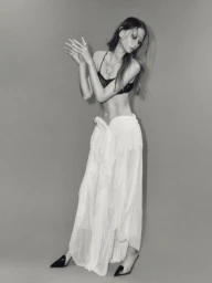 Sara Grace Wallerstedt wearing a black bralette and white skirt against a grey seamless backdrop for Vogue Korea.