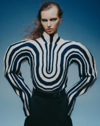 Model in a striped turtleneck sweater with exaggerated shoulders and dark trousers against a blue backdrop